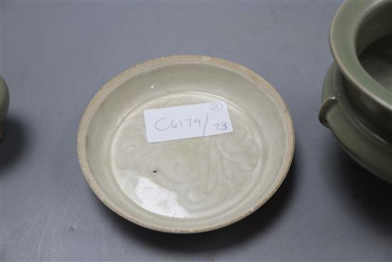 A Chinese celadon tripod censer and jarlet and a qingbai dish, censer 9cm high